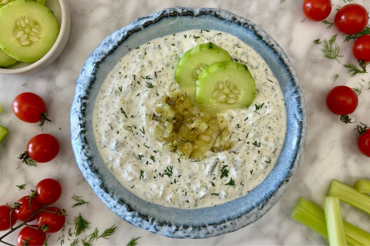 Dill Pickle Dip with Greek Yogurt in a bowl | Healthy Foodie Girl Dill Pickle Dip with Greek Yogurt in a bowl.