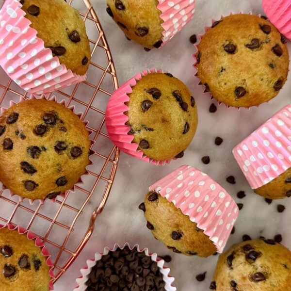 Greek Yogurt Chocolate Chip Muffins on a wire rack.
