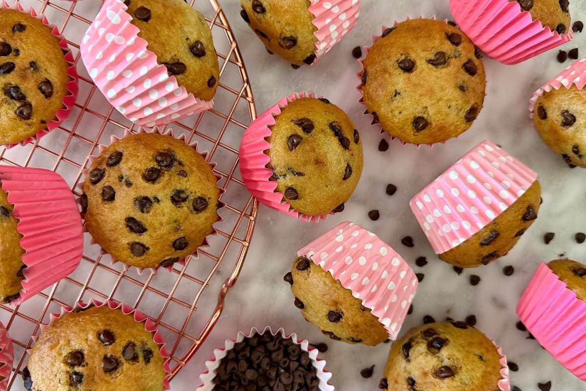 Greek Yogurt Chocolate Chip Muffins on a wire rack | Healthy Foodie Girl Greek Yogurt Chocolate Chip Muffins on a wire rack.