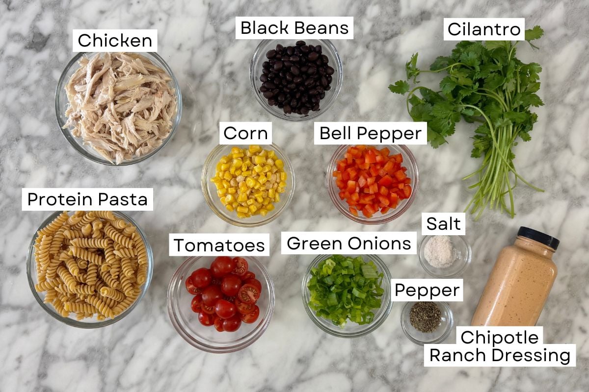 Ingredients for Southwestern chicken pasta salad.