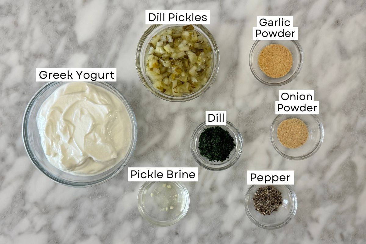 Ingredients for dill pickle dip with Greek yogurt in bowls | Healthy Foodie Girl Ingredients for dill pickle dip with Greek yogurt in bowls.