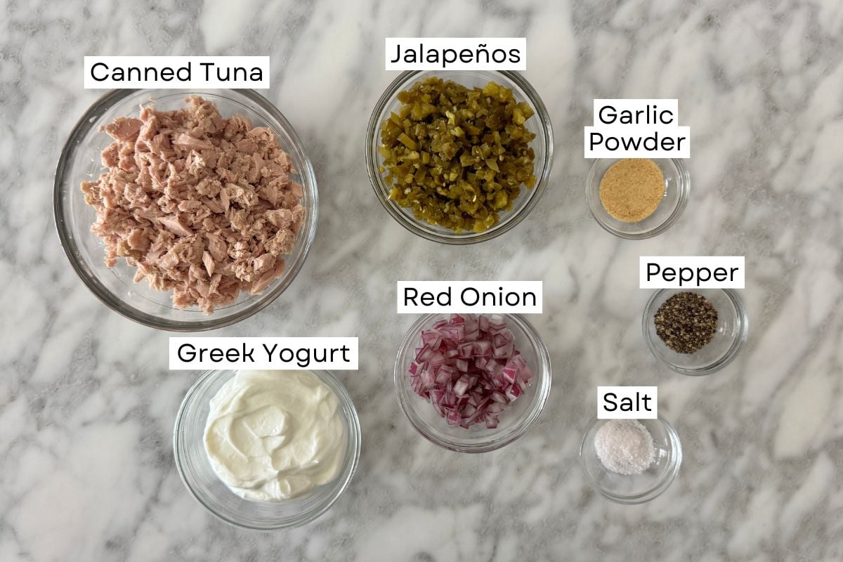 Ingredients for jalapeño tuna salad in bowls | Healthy Foodie Girl Ingredients for jalapeño tuna salad in bowls.