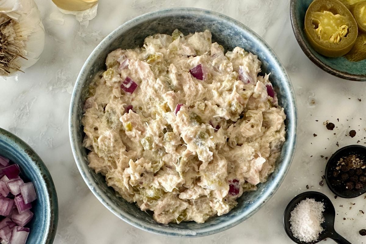 Jalapeño tuna salad recipe in a bowl | Healthy Foodie Girl Jalapeño tuna salad recipe in a bowl.