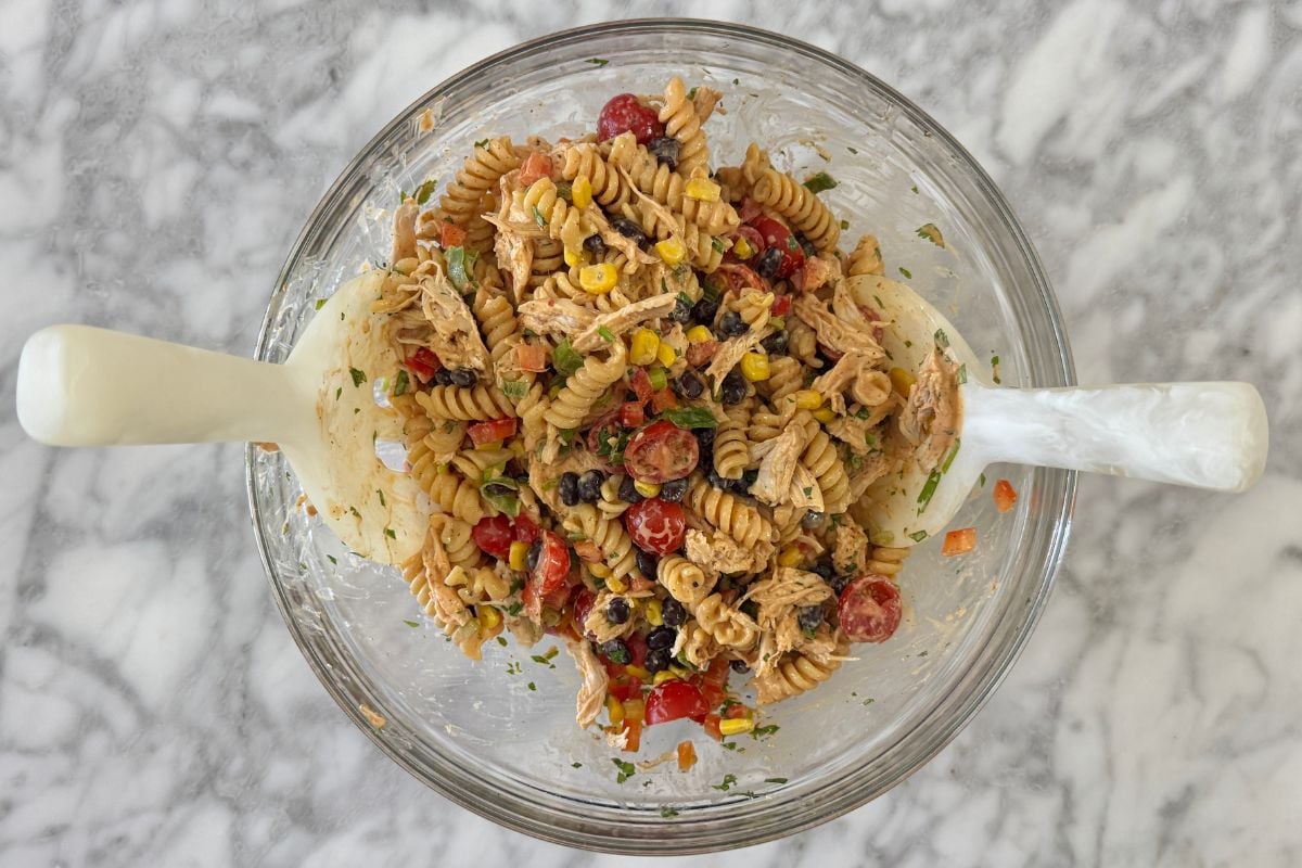 Mixed Southwestern pasta salad in a bowl.