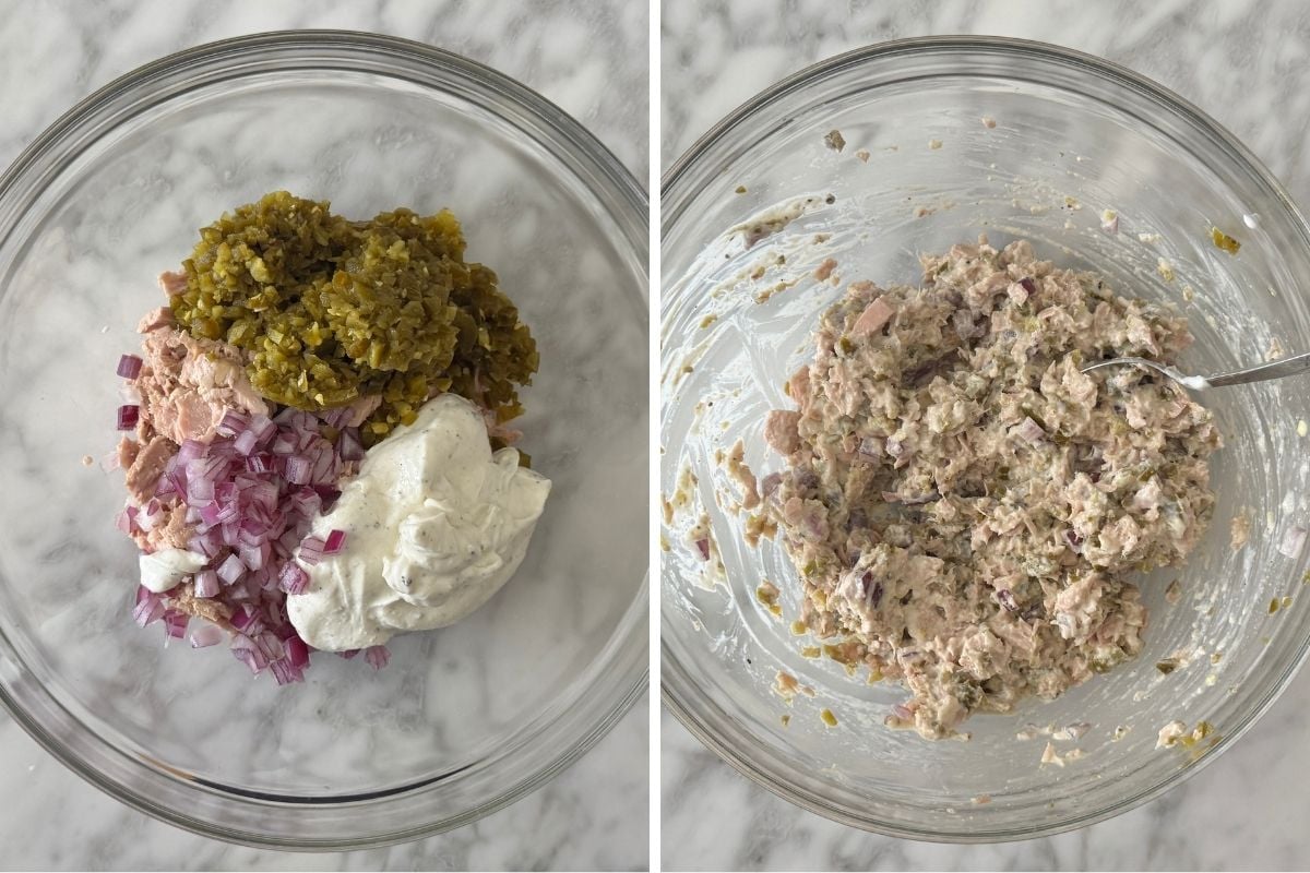 Mixed jalapeño tuna salad in a bowl | Healthy Foodie Girl Mixed jalapeño tuna salad in a bowl.