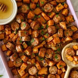 Sheet Pan Sausage and Sweet Potatoes with Apples on sheet pan.