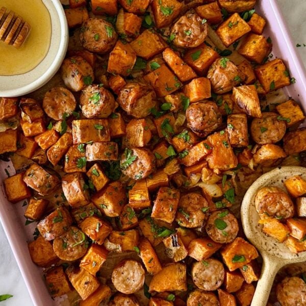 Sheet Pan Sausage and Sweet Potatoes with Apples on sheet pan | Healthy Foodie Girl Sheet Pan Sausage and Sweet Potatoes with Apples on sheet pan.