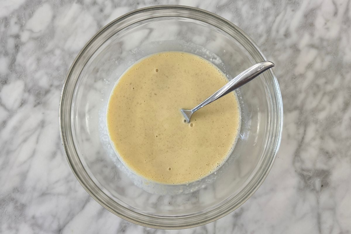 Wet ingredients for chocolate chip muffins in bowl | Healthy Foodie Girl Wet ingredients for chocolate chip muffins in bowl.