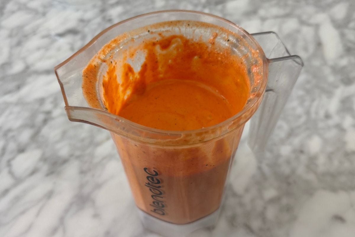 Blended roasted red pepper sauce with cottage cheese | Healthy Foodie Girl Blended roasted red pepper sauce with cottage cheese.