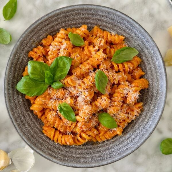 High-Protein Roasted Red Pepper Pasta in a bowl.