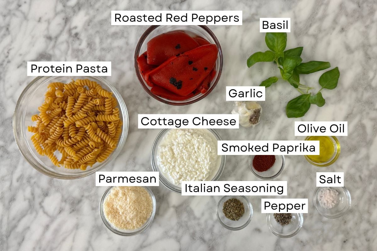 Ingredients for roasted red pepper pasta in bowls | Healthy Foodie Girl Ingredients for roasted red pepper pasta in bowls.