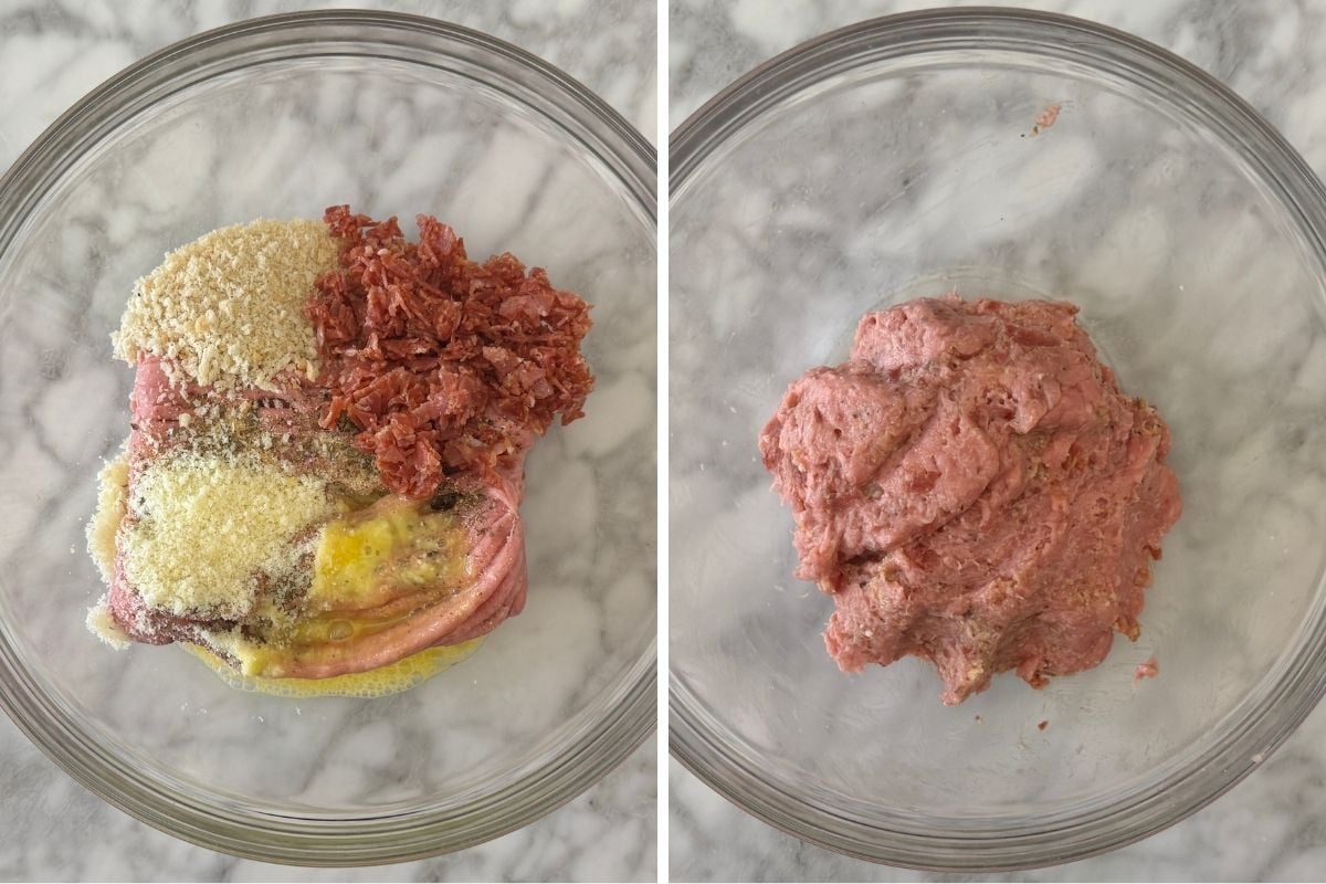Pizza meatballs meat mixture in bowl.