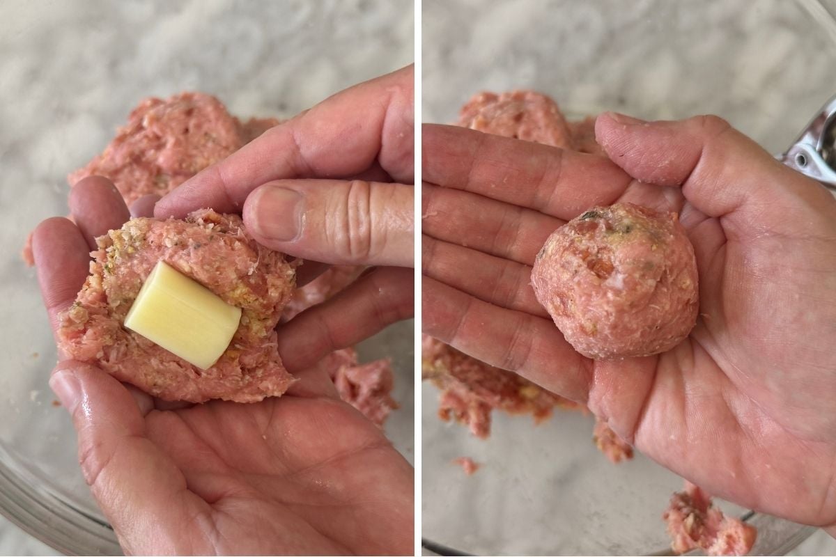 Pizza meatballs stuffed with mozzarella.
