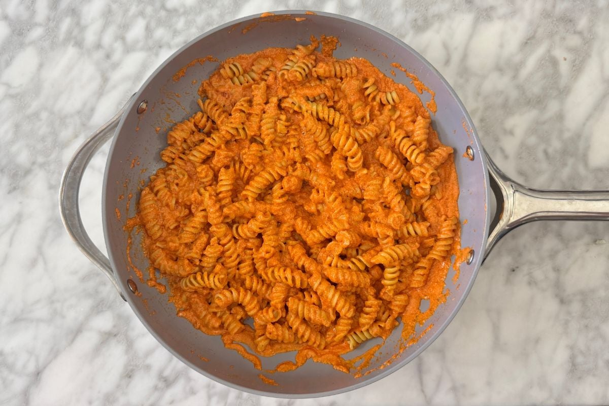 Protein pasta tossed in roasted red pepper pasta sauce | Healthy Foodie Girl Protein pasta tossed in roasted red pepper pasta sauce.