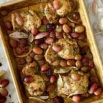 Sheet Pan Chicken with Grapes and Shallots baked on sheet pan.