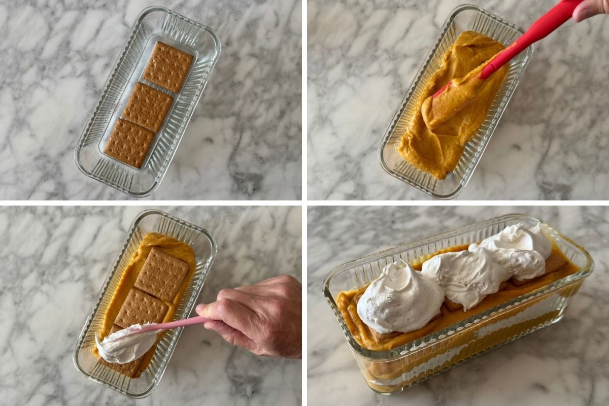 Assembling a pumpkin icebox cake with graham crackers.