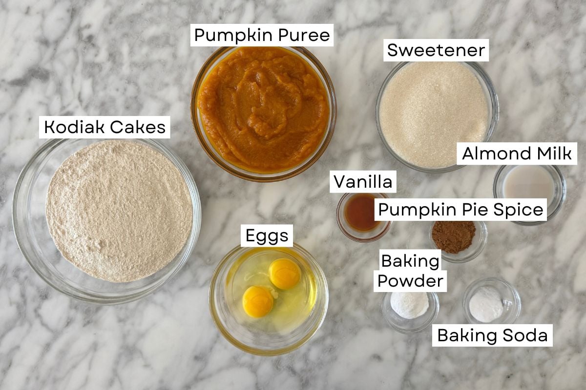 Ingredients for Kodiak pumpkin muffins in bowls.