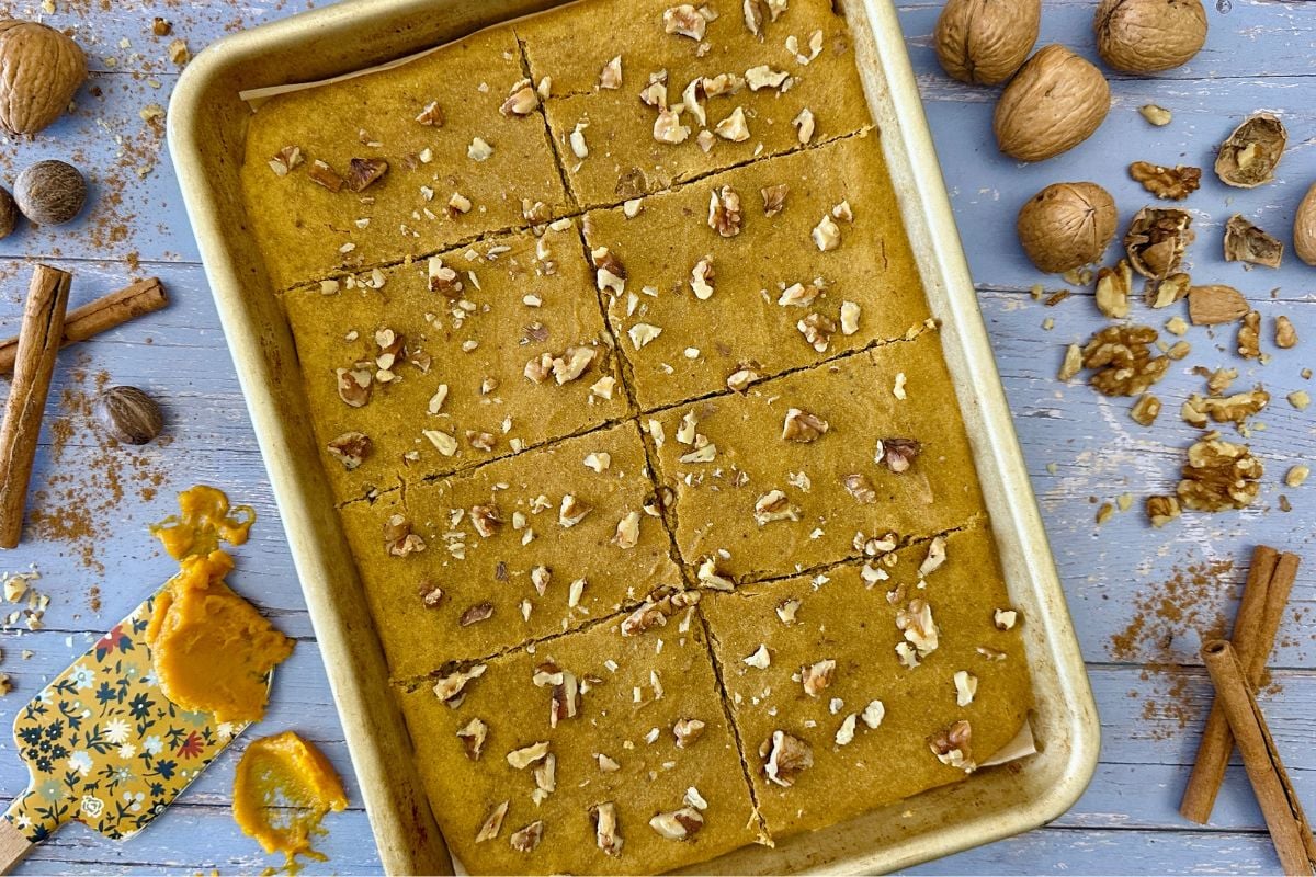 Kodiak Sheet Pan Pumpkin Pancakes on a sheet pan | Healthy Foodie Girl Kodiak Sheet Pan Pumpkin Pancakes on a sheet pan.