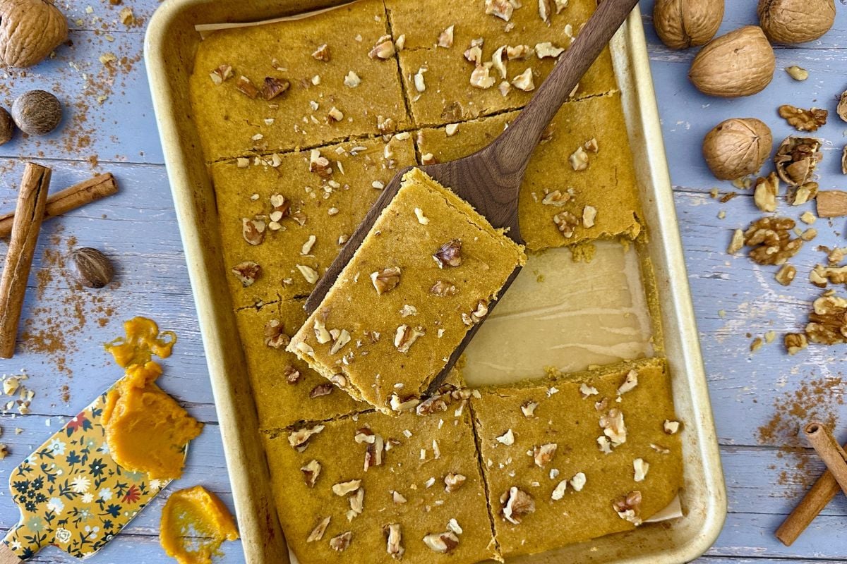 Served pumpkin sheet pan pancakes | Healthy Foodie Girl Served pumpkin sheet pan pancakes.